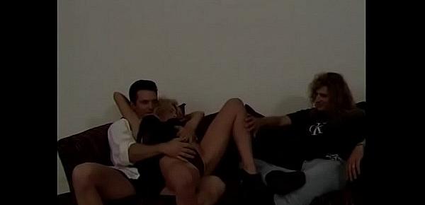  One flexible blonde Rayne can satisty two strong guys in threesome